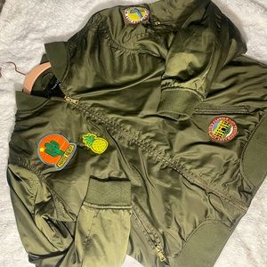 Green Bomber Jacket with Patches
